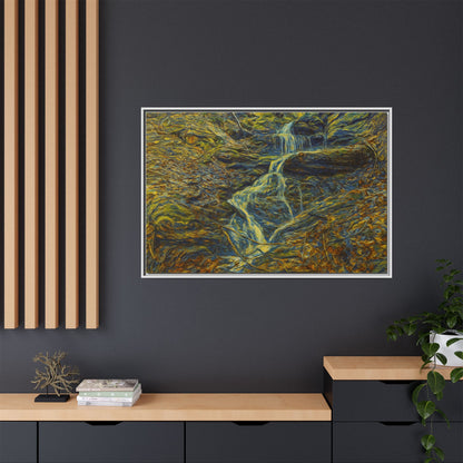 Framed matte canvas wall art of an autumn forest with a waterfall, by Printify, showcasing vibrant fall colors and natural scenery.