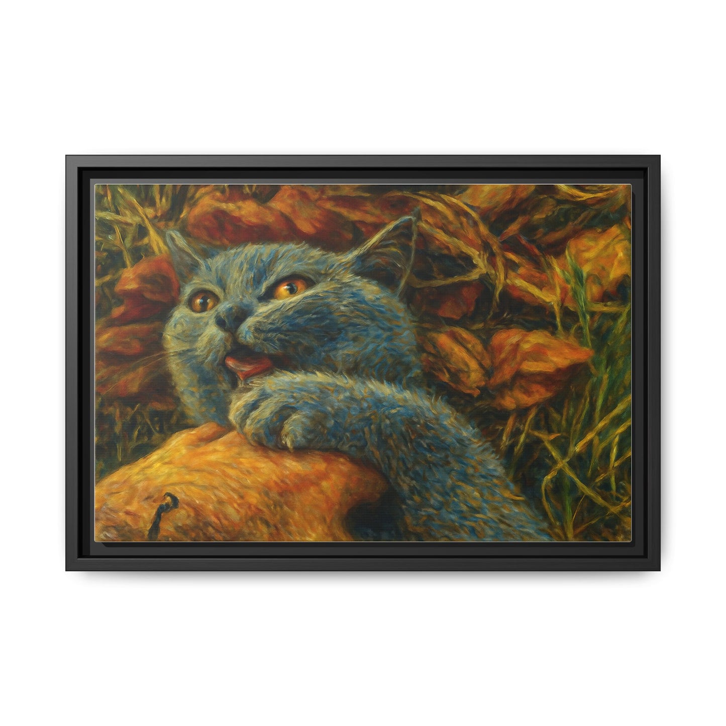 Blue canvas print featuring a whimsical cat design, perfect wall art for cat lovers and home decor by Printify.