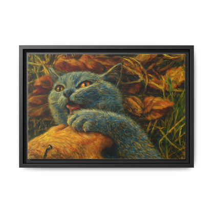 Blue canvas print featuring a whimsical cat design, perfect wall art for cat lovers and home decor by Printify.