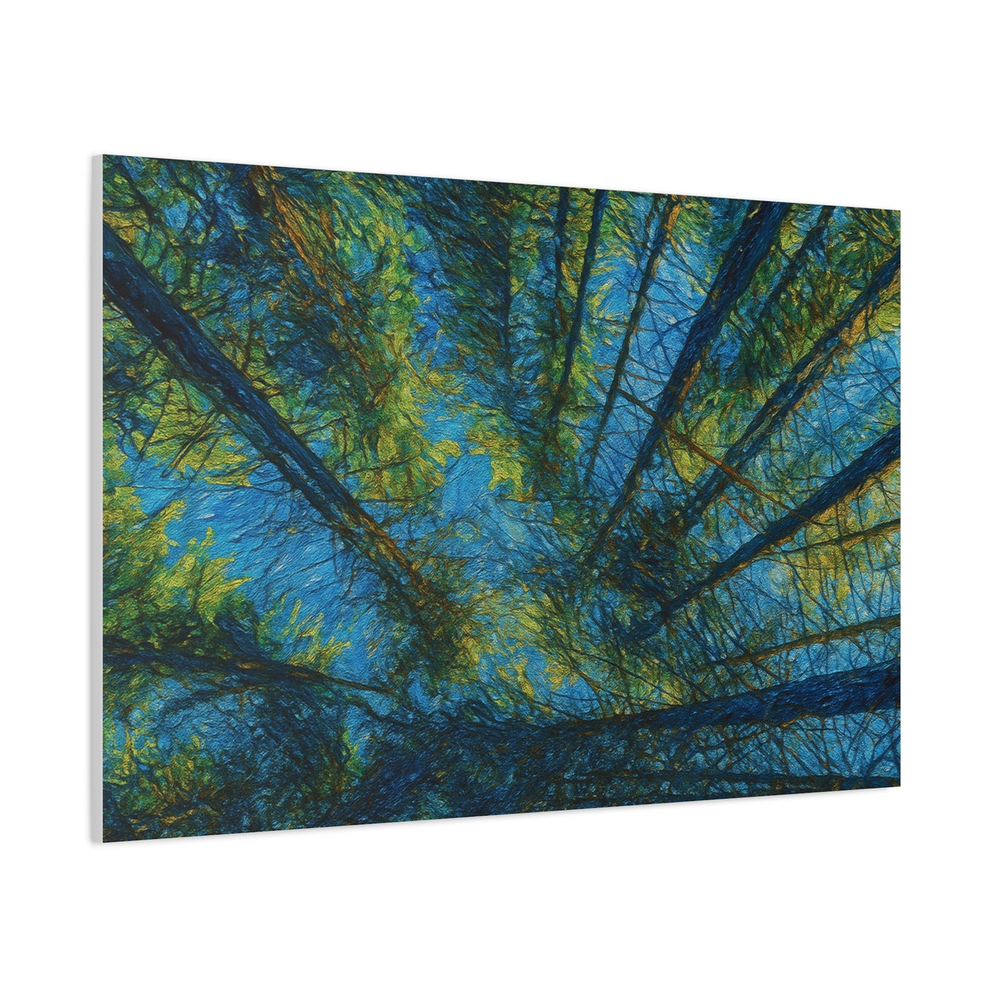 Forest Canopy Matte Canvas Wall Art — Upward View of Trees, Blue & Green Nature Print