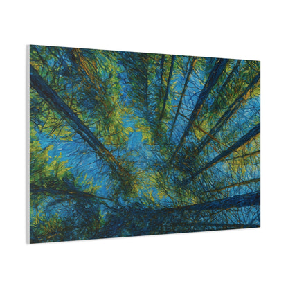 Forest Canopy Matte Canvas Wall Art — Upward View of Trees, Blue & Green Nature Print