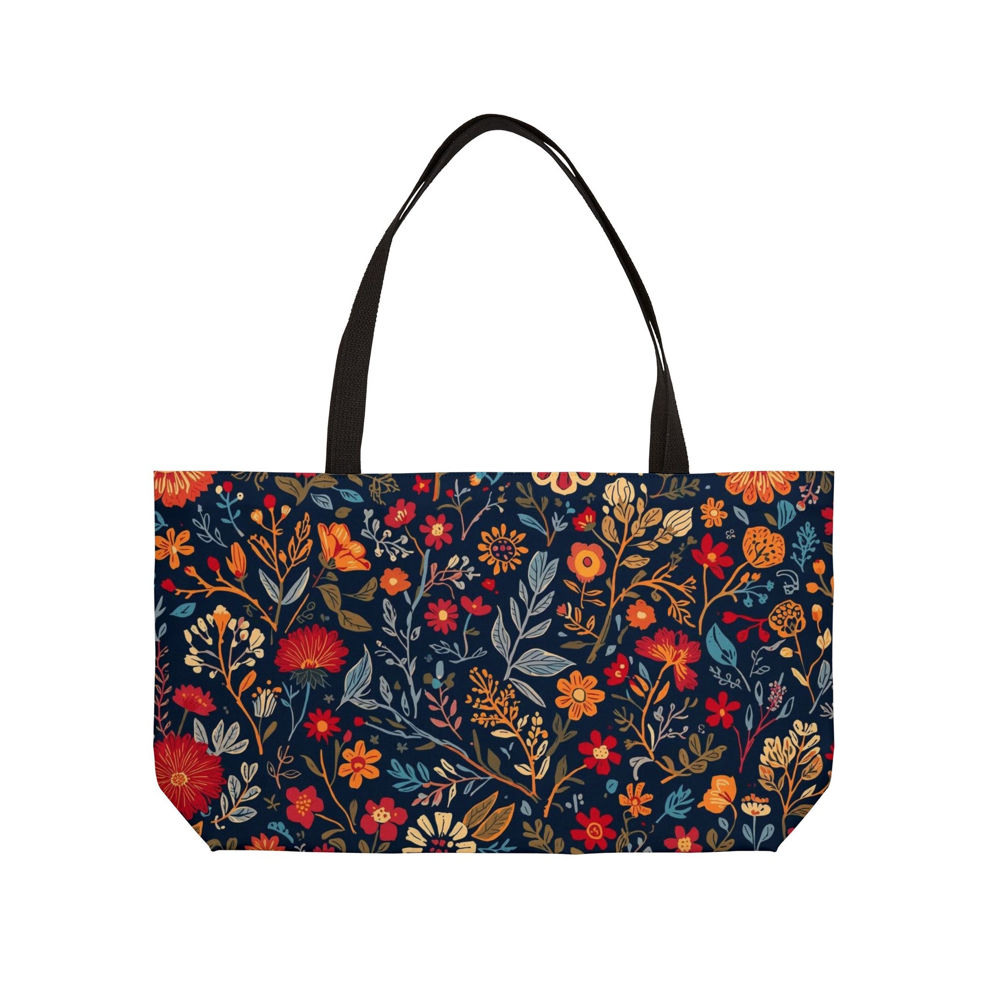 Printify floral weekender tote bag with vibrant flower design, ideal for travel, beach, gym, shopping, or gifting.