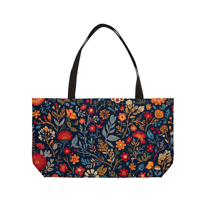 Printify floral weekender tote bag with vibrant flower design, ideal for travel, beach, gym, shopping, or gifting.