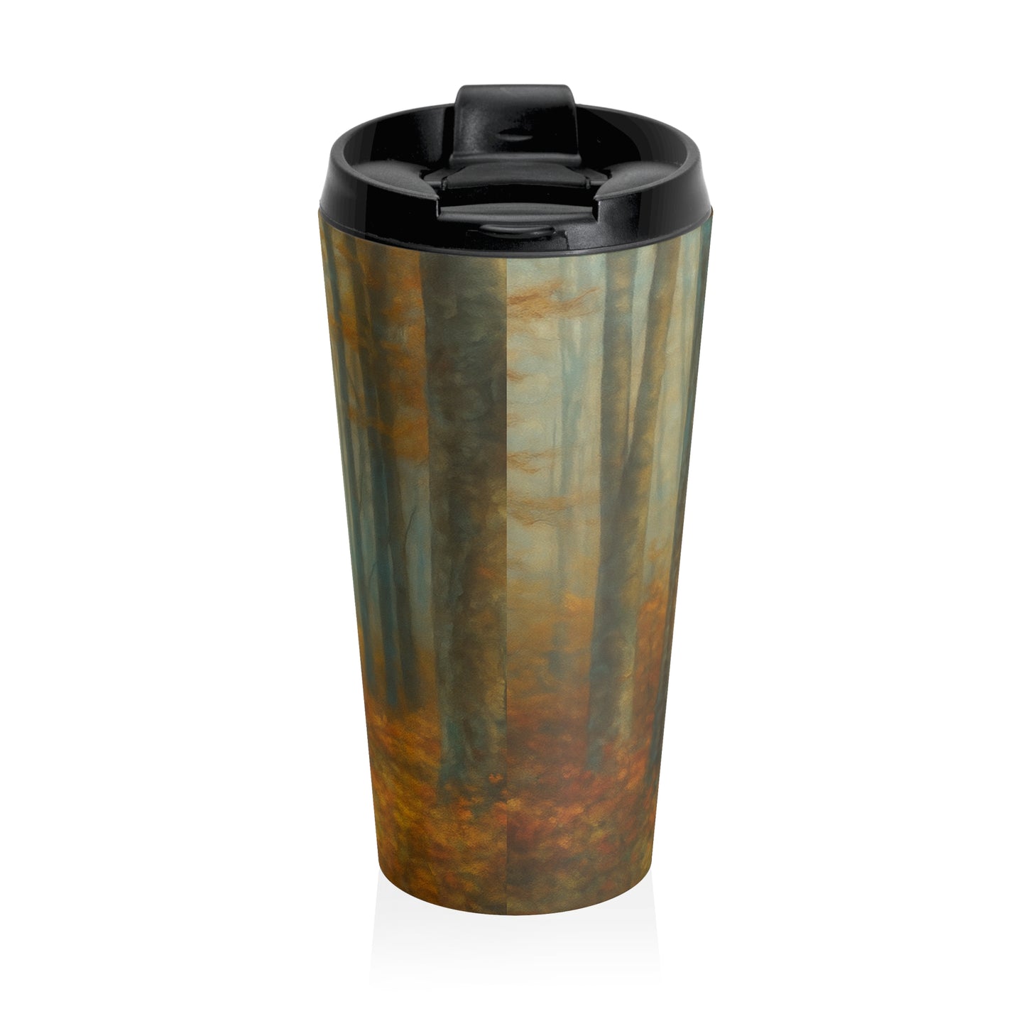 Stainless steel travel mug with autumn forest and fall trees landscape design by Printify, ideal for on-the-go coffee.