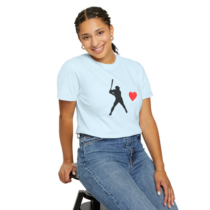 Black baseball batter heart T-shirt by Printify featuring a graphic design of a batter with a heart motif on the front.