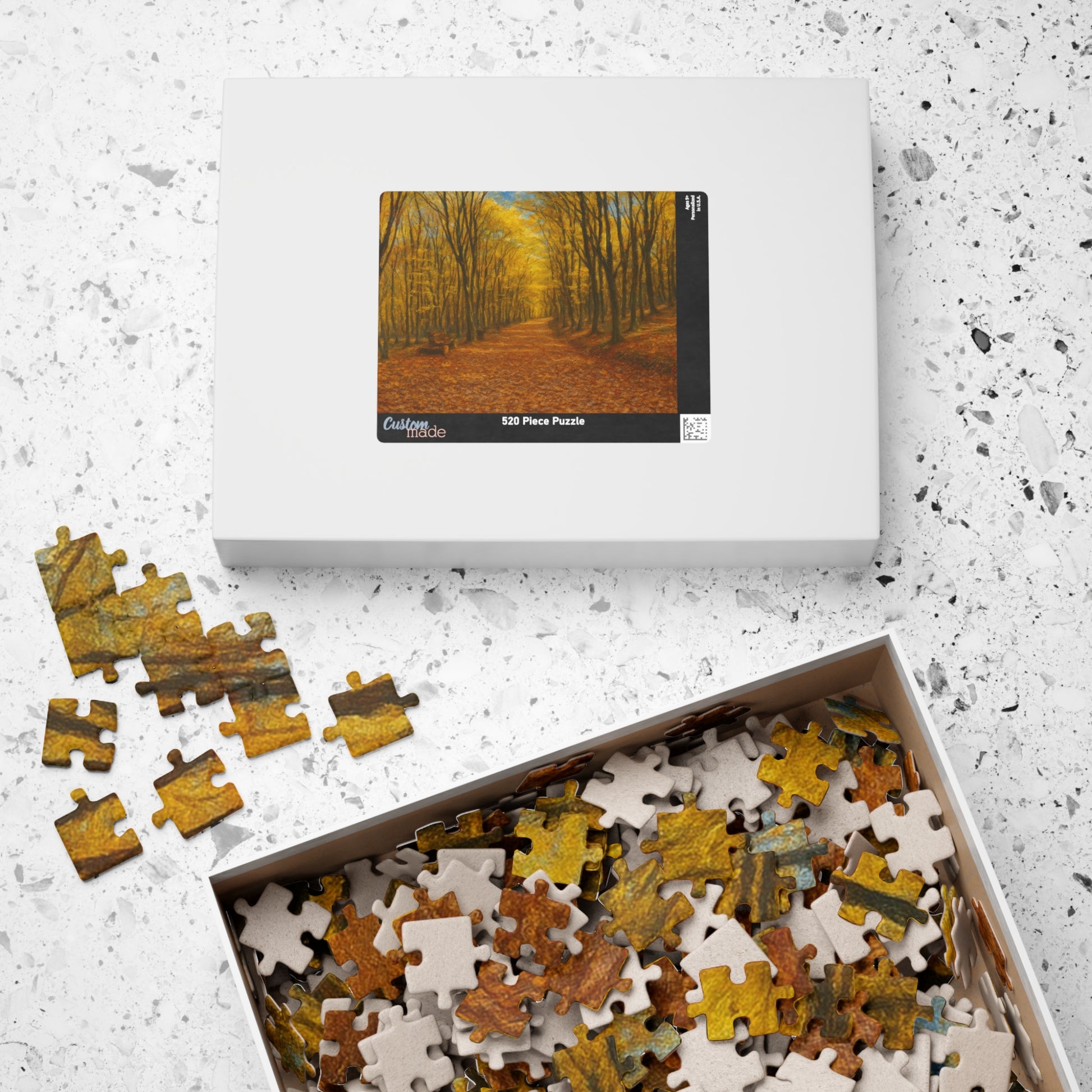 520-piece Autumn Forest Path puzzle by Printify featuring fall trees and vibrant autumn scenery.
