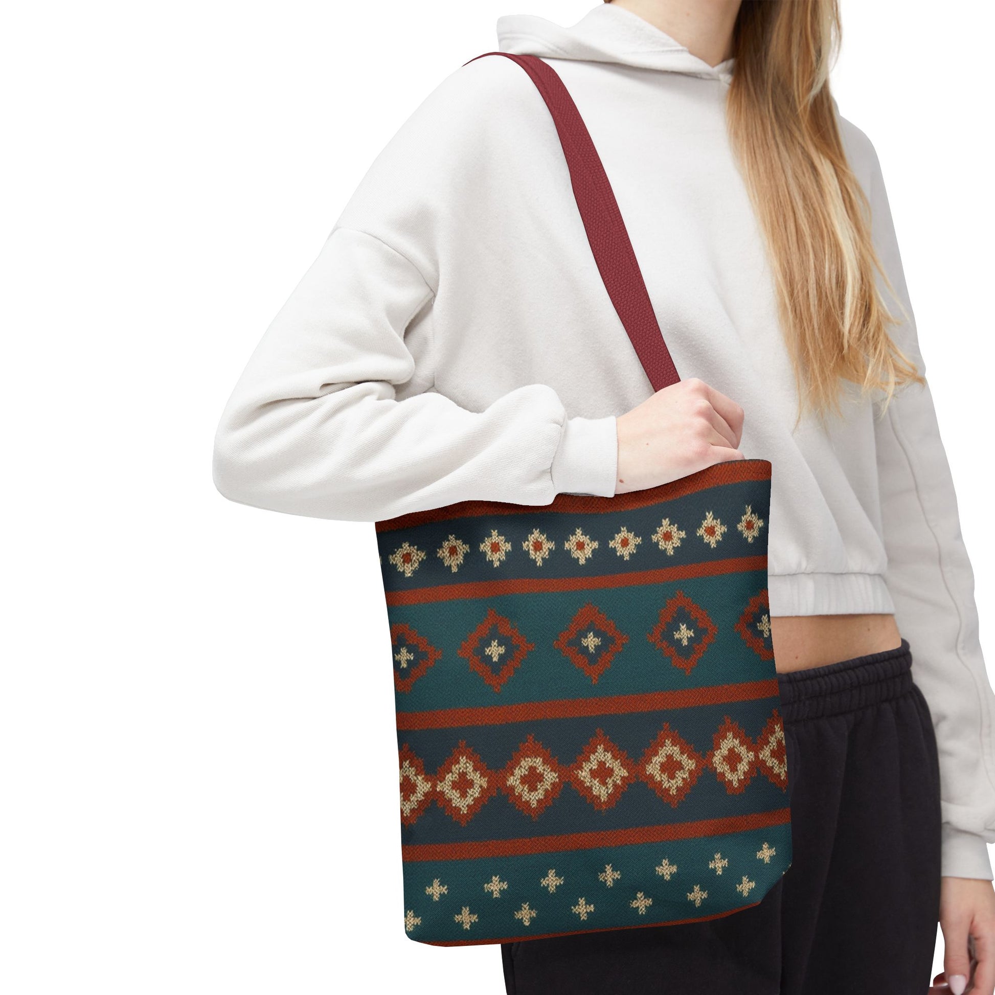Southwestern diamond pattern tote bag with Aztec tribal geometric print, featuring sturdy handles and vibrant design.