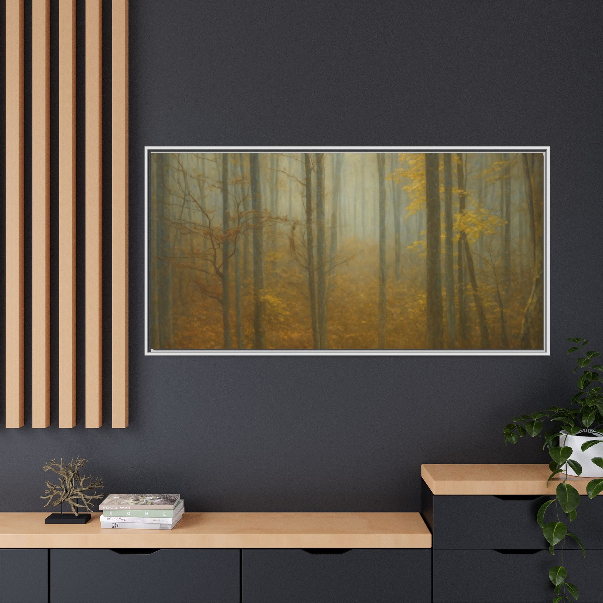 Framed matte canvas wall art of a misty autumn forest, featuring vibrant fall foliage and a serene natural scene by Printify.