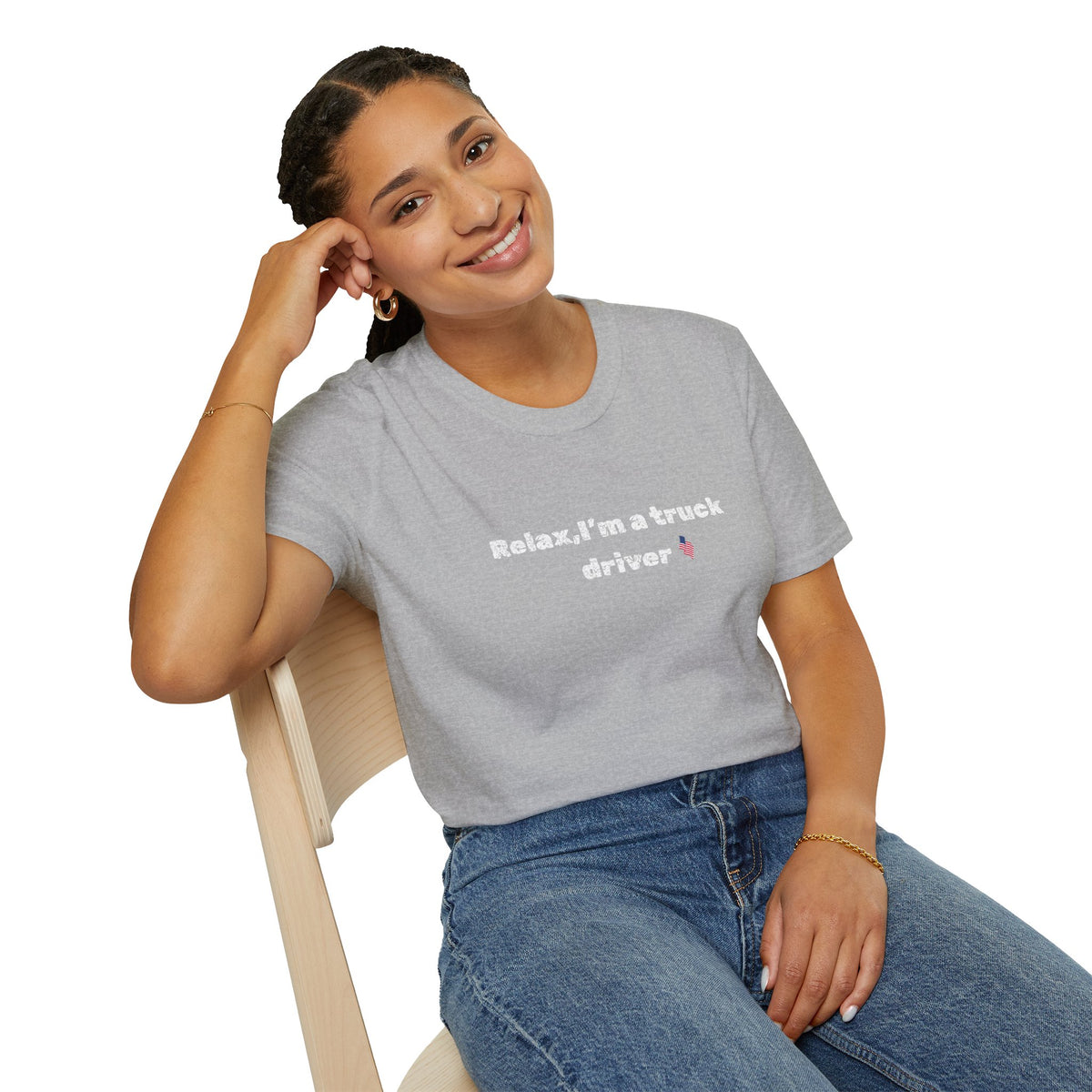 Pink heart on a humorous "Relax, I'm a Truck Driver" T-shirt by Printify, casual trucker tee in soft fabric.