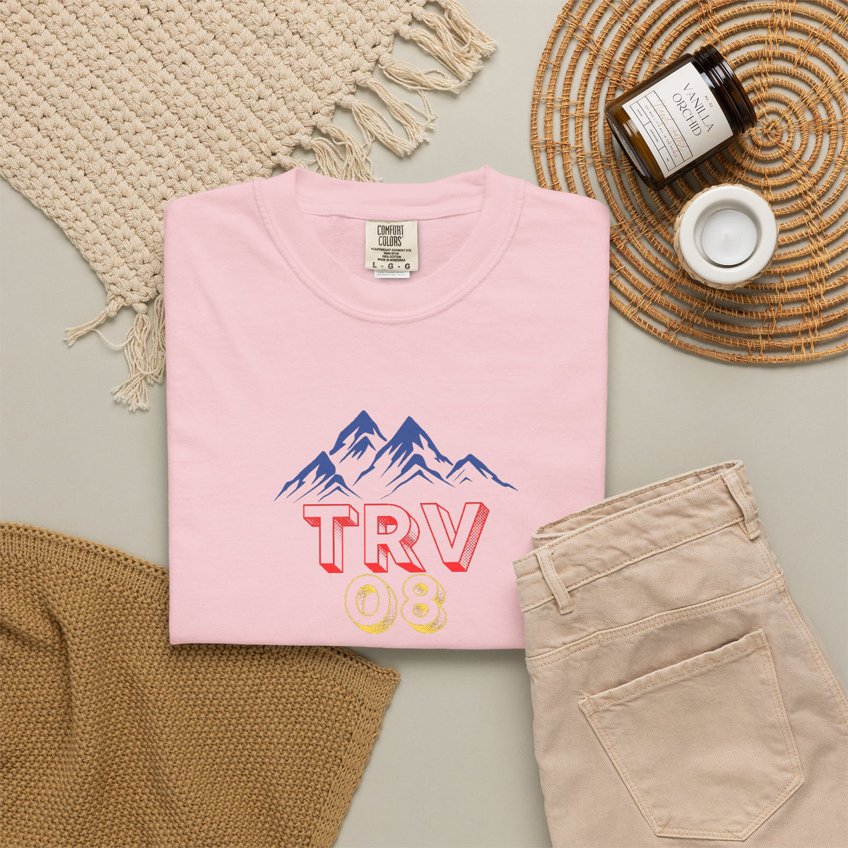 Unisex garment-dyed T-shirt with TRV08 Logo from Printify, casual crewneck style in soft fabric, front view image.
