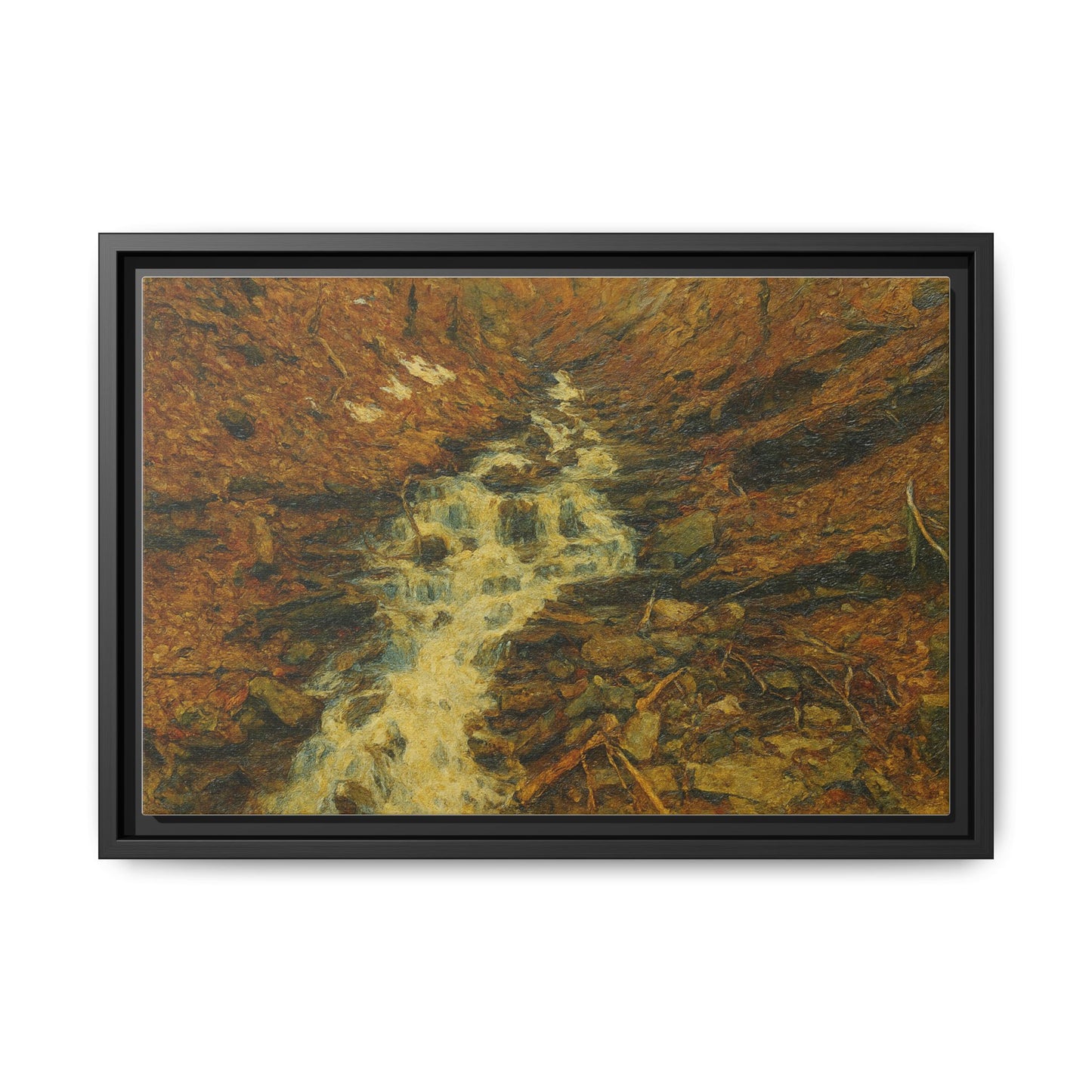 Framed matte canvas print of autumn stream landscape artwork by Printify, showcasing vibrant fall colors and serene nature scene.
