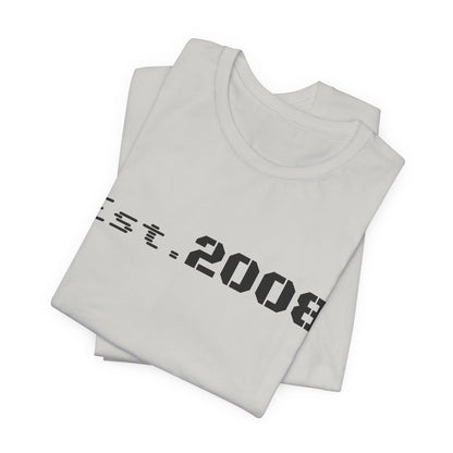 Black Printify T-shirt with "Established 2008" and minimal graphic design, casual fit, front view.