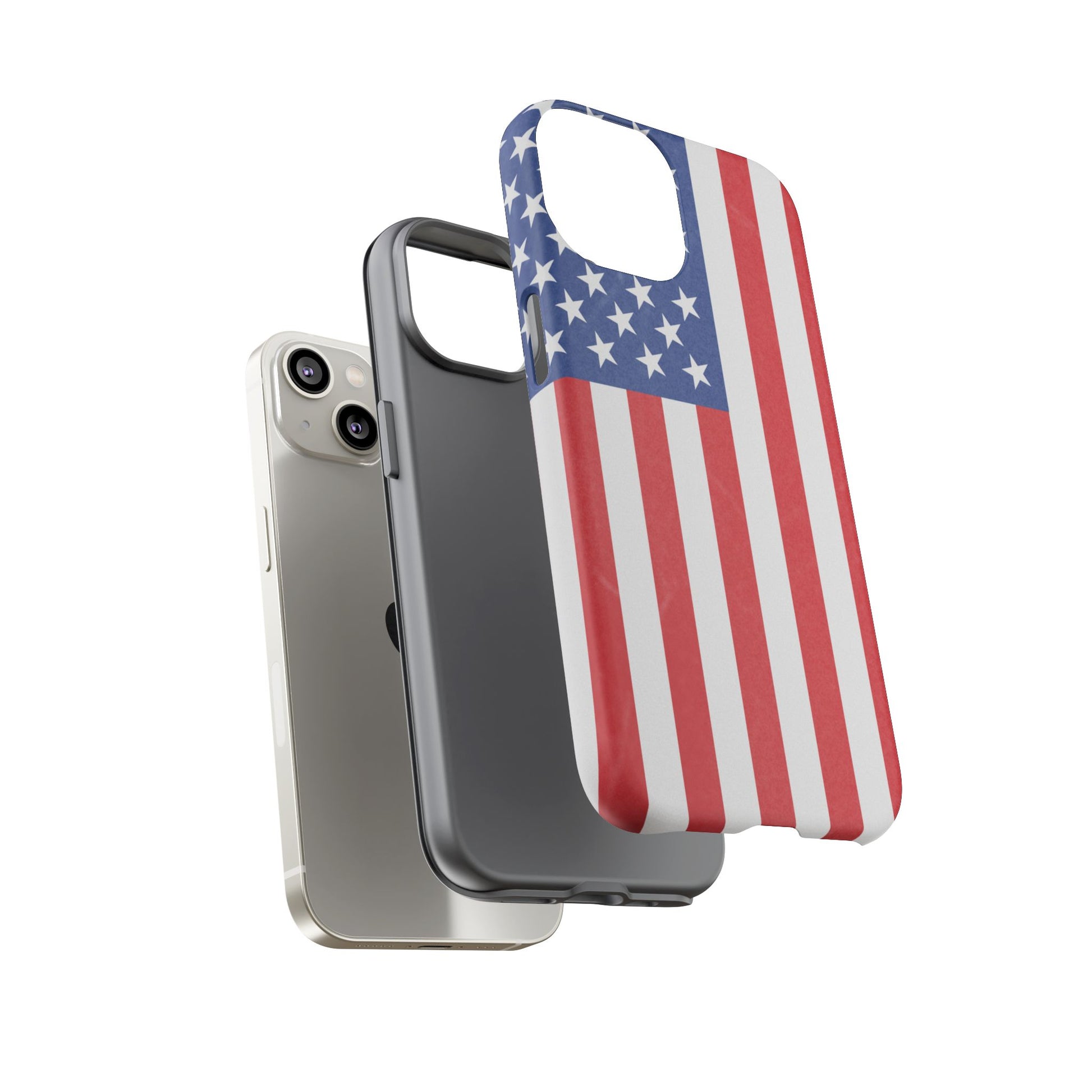 American flag tough phone case for iPhone and Samsung, patriotic protective cover with bold flag design from Printify.