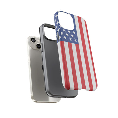 American flag tough phone case for iPhone and Samsung, patriotic protective cover with bold flag design from Printify.