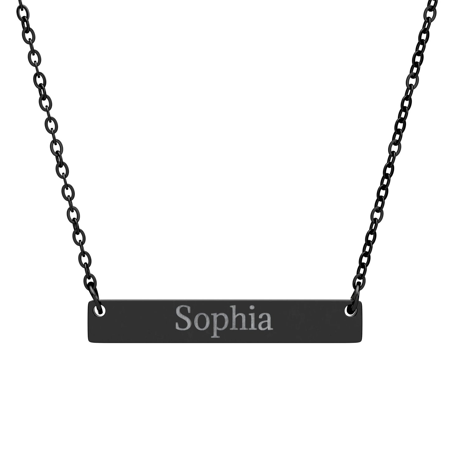 Personalized engraved bar necklace with custom name horizontal pendant, silver-tone jewelry accessory by Printify.
