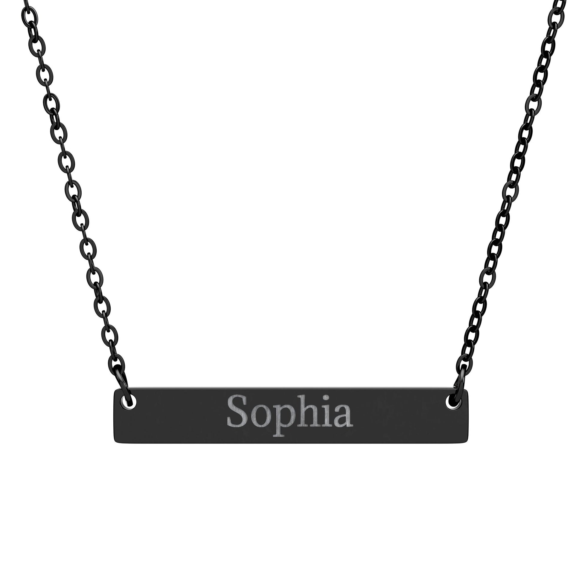 Personalized engraved bar necklace with custom name horizontal pendant, silver-tone jewelry accessory by Printify.