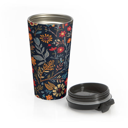 Floral Nightfall stainless steel travel mug with autumn wildflower design, insulated tumbler for hot and cold beverages.