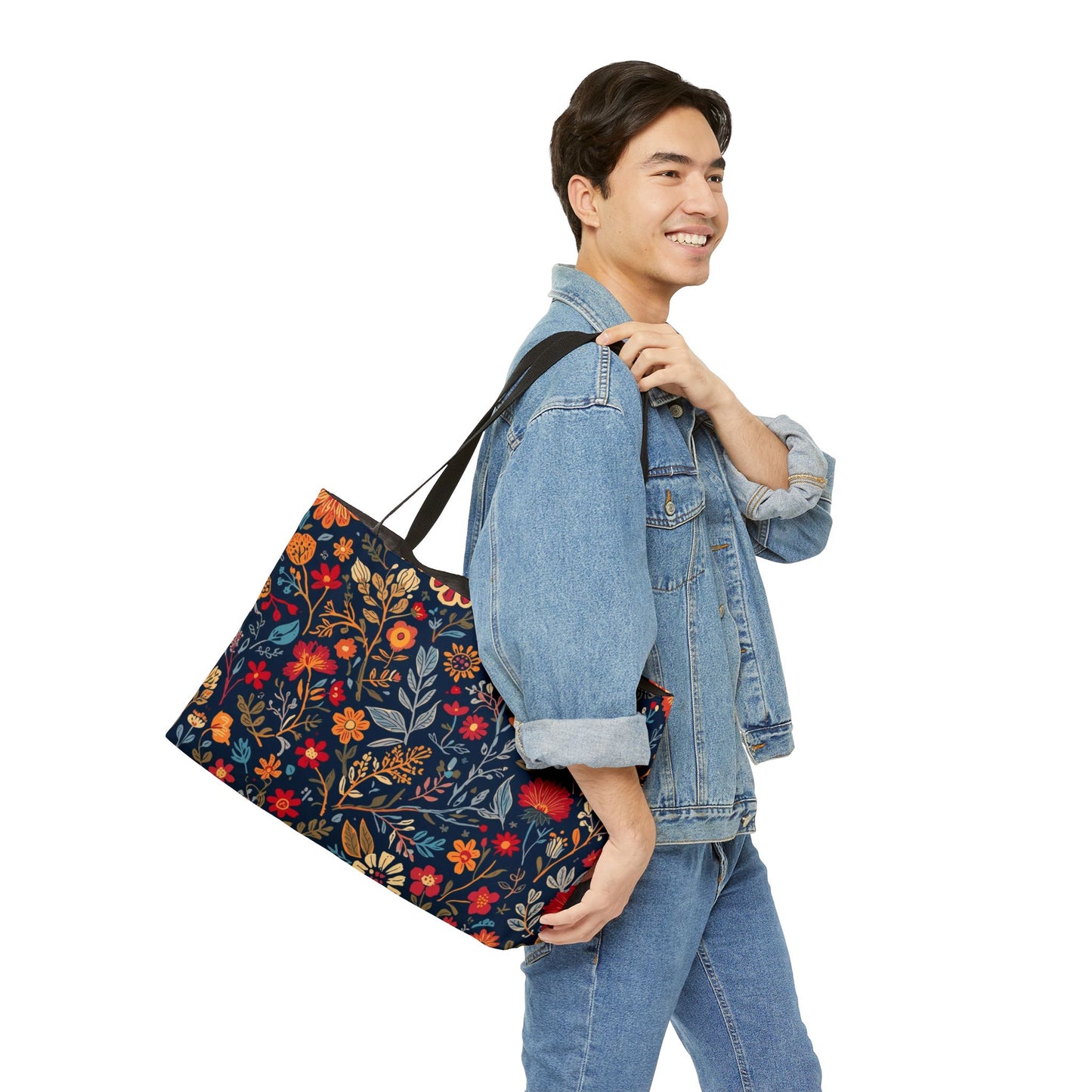 Printify floral weekender tote bag with colorful floral pattern, spacious design for travel, beach, gym, or shopping.