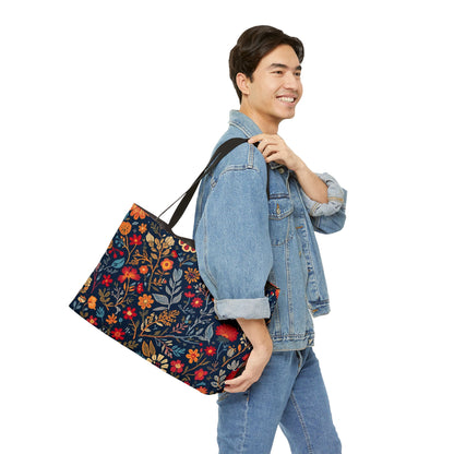 Printify floral weekender tote bag with colorful floral pattern, spacious design for travel, beach, gym, or shopping.