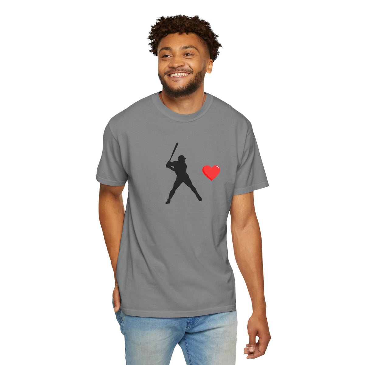 White baseball batter heart T-shirt by Printify featuring a graphic of a batter with a heart design, casual and stylish for sports fans.
