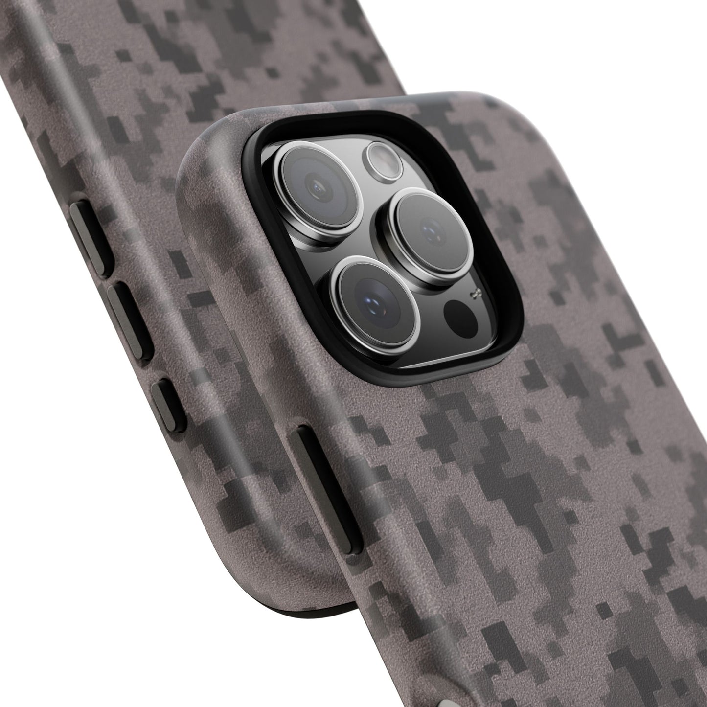 Gray digital camouflage phone case by Printify, tough protective cover designed for smartphones with a rugged camo pattern.