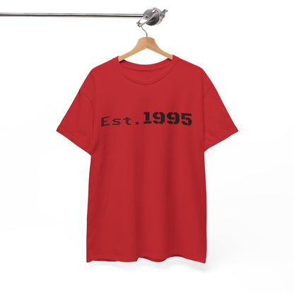 Vintage black T-shirt with "Est. 1995" printed in minimalist style, celebrating a birthday or special year.
