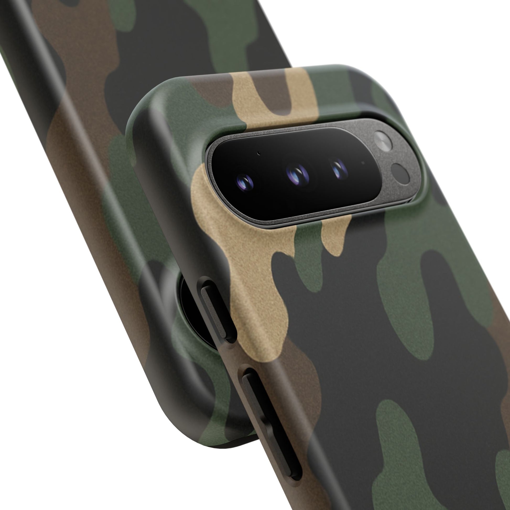 Camo Tough Phone Case in military green with rugged design, protective cover for a smartphone by Printify.