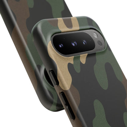 Camo Tough Phone Case in military green with rugged design, protective cover for a smartphone by Printify.
