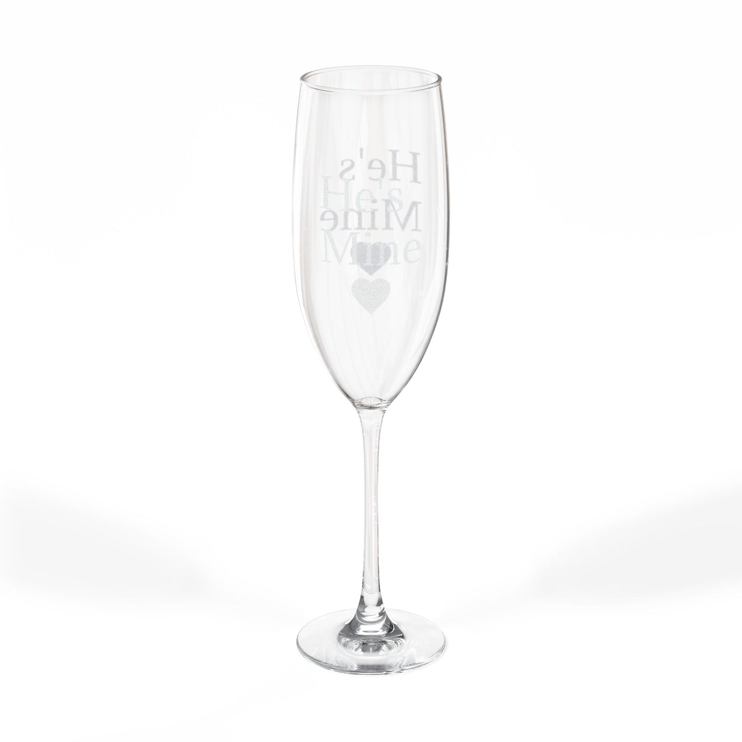 Engraved 8oz Champagne Flute — "He's Mine" Heart Wedding Toast Glass