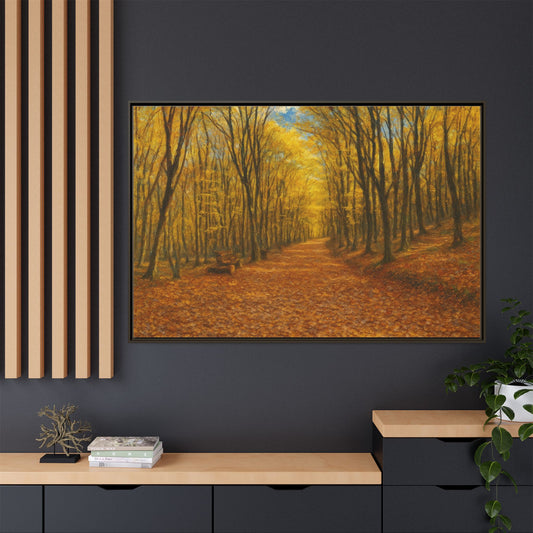 Autumn Forest Path matte canvas framed wall art by Printify depicting a colorful forest scene with a woodland trail.