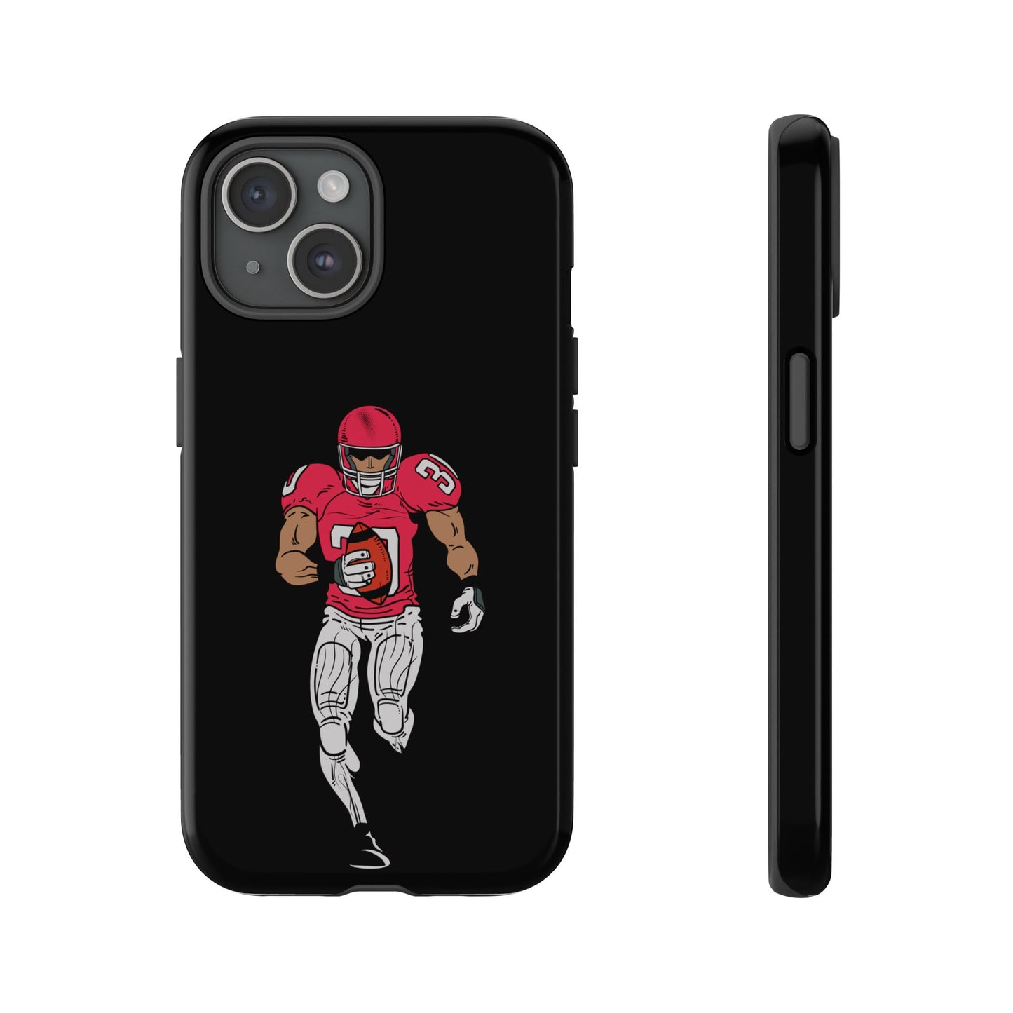 Black football player tough phone case for iPhone by Printify, featuring sports design and protective rugged construction.