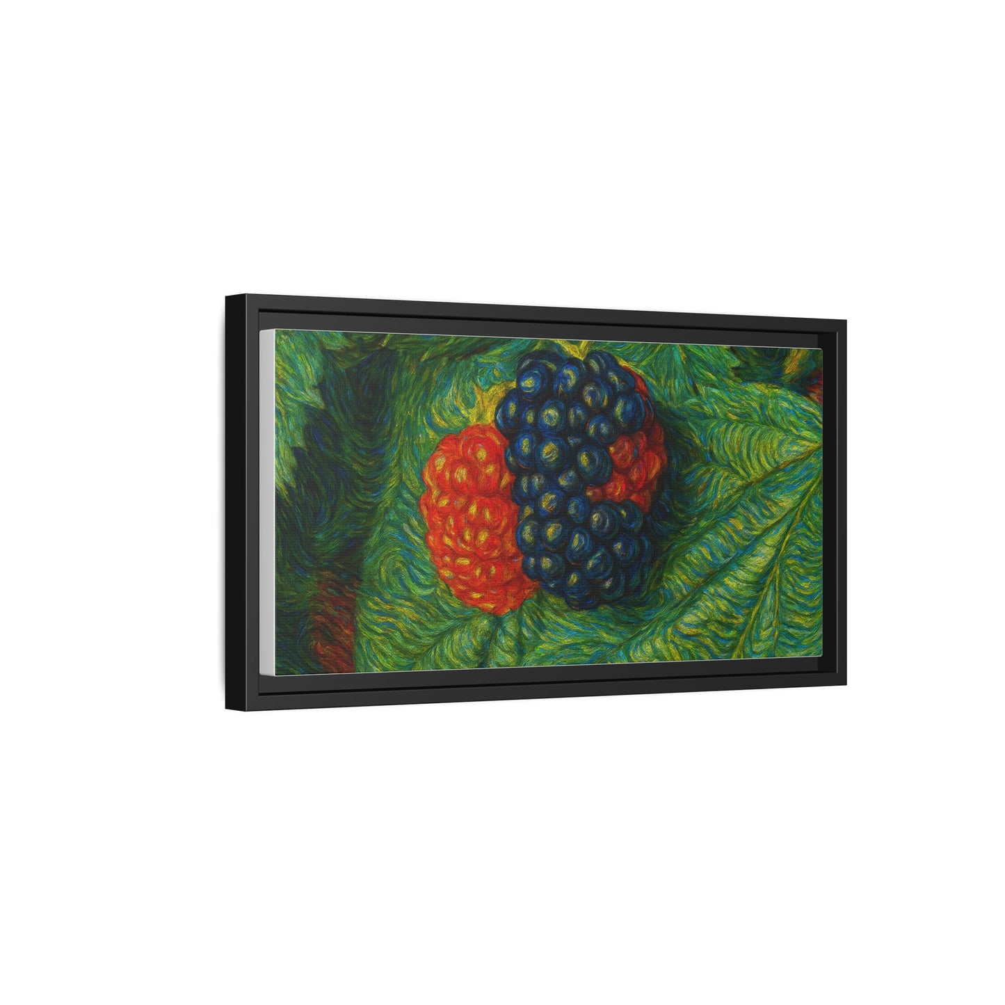 Blackberry still life framed canvas print by Printify featuring realistic blackberries in a natural arrangement.