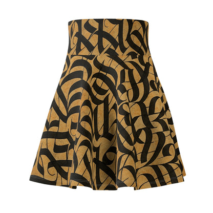 Gold and black calligraphy print skater skirt with boho festival style, featuring all-over print design by Printify.