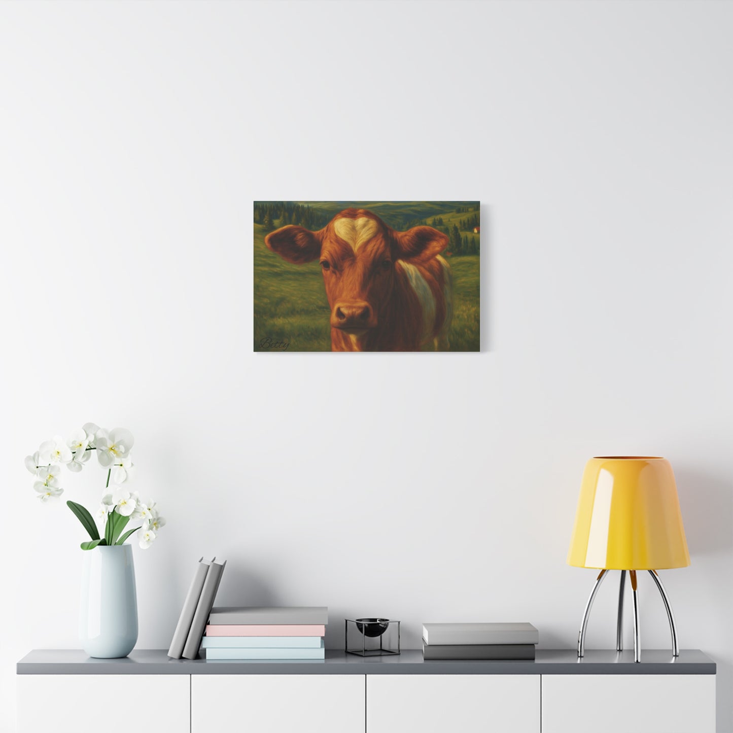 Cow portrait canvas print featuring a heart-shaped forehead, farm animal wall art on a sturdy canvas by Printify.