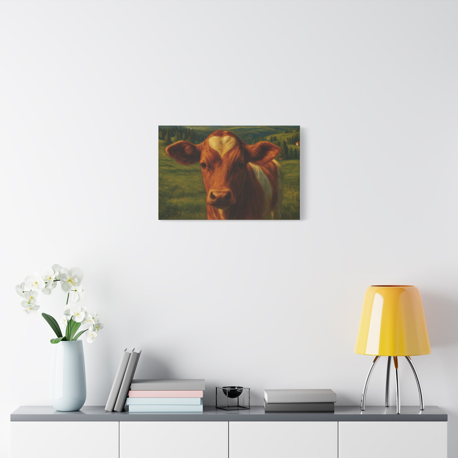Cow portrait canvas print featuring a heart-shaped forehead, farm animal wall art on a sturdy canvas by Printify.