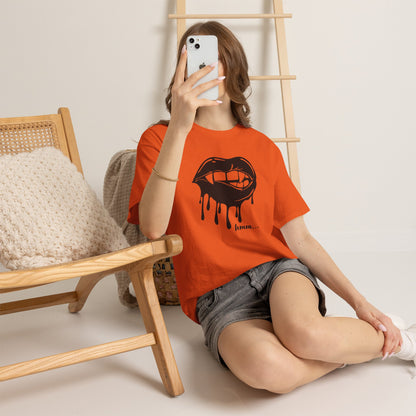 Black graphic T-shirt by Printify featuring a dripping lips "hmm..." bite design on the front.