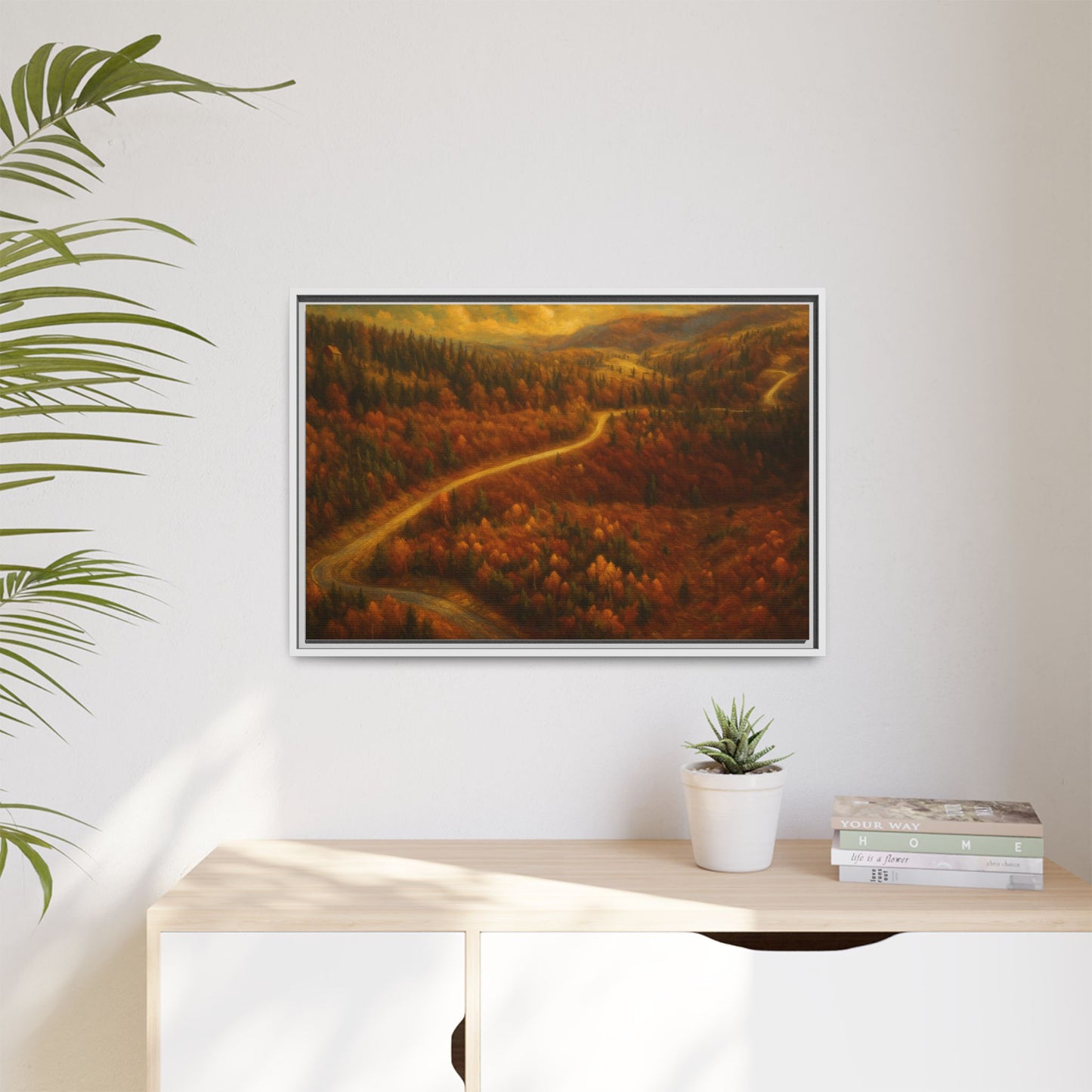 Framed matte canvas print of an autumn forest road landscape wall art by Printify, showcasing vibrant fall trees and a scenic path.