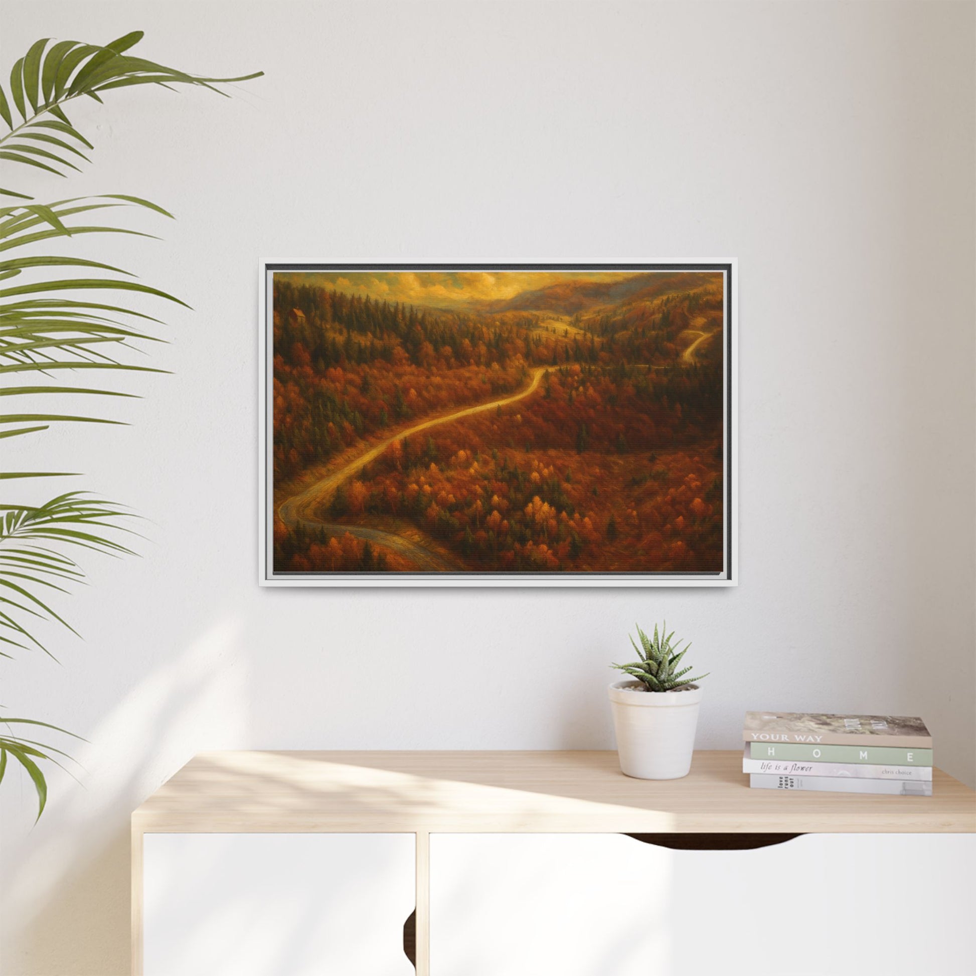 Framed matte canvas print of an autumn forest road landscape wall art by Printify, showcasing vibrant fall trees and a scenic path.