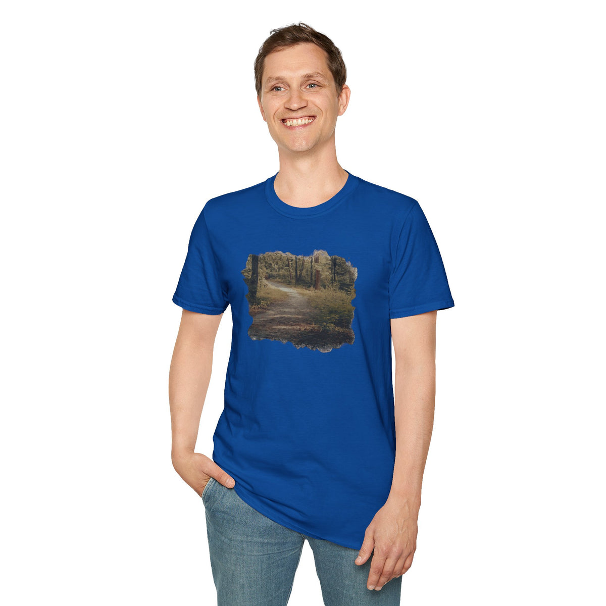Vintage forest landscape T-shirt by Printify featuring a nature pathway design on a casual cotton tee.