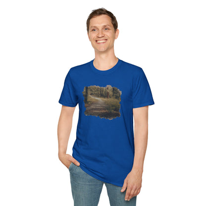 Vintage forest landscape T-shirt by Printify featuring a nature pathway design on a casual cotton tee.