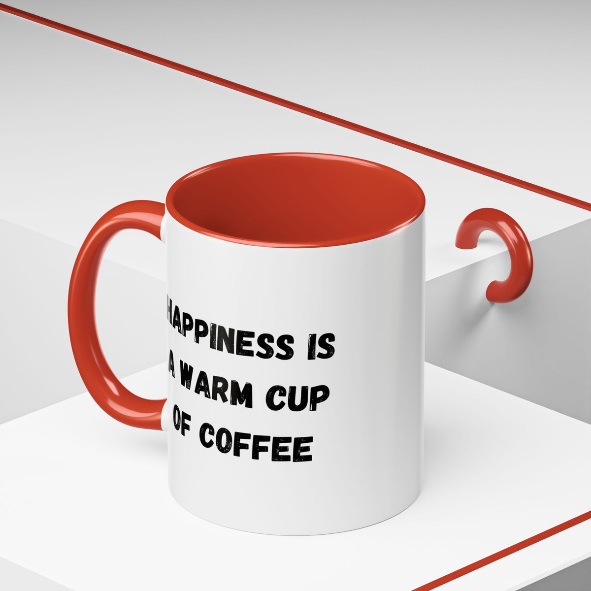 Ceramic coffee mug with "Happiness Is A Warm Cup Of Coffee" printed in black text, white background, and handle on the side.
