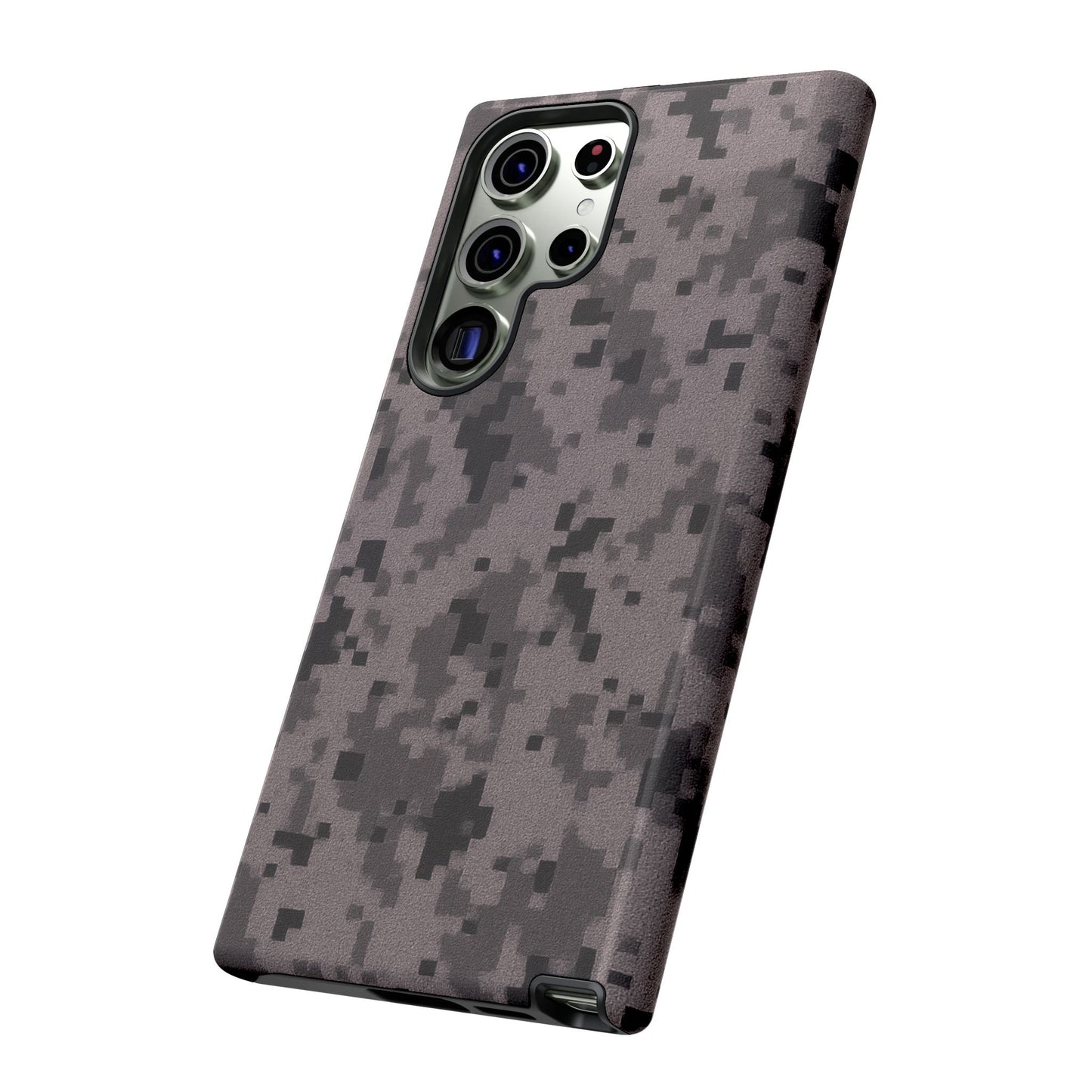 Gray digital camouflage phone case by Printify, tough protective cover designed for smartphones with a rugged camo pattern.