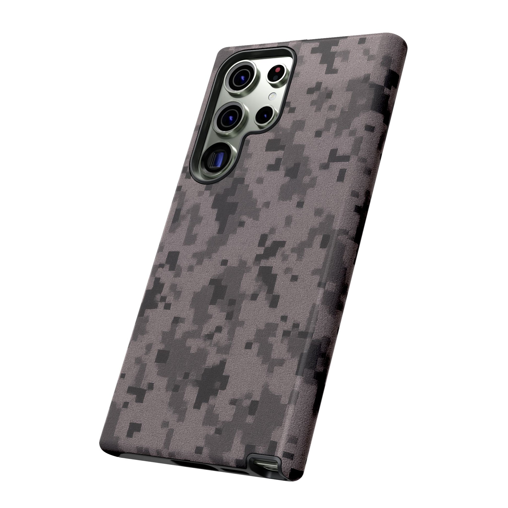 Gray digital camouflage phone case by Printify, tough protective cover designed for smartphones with a rugged camo pattern.