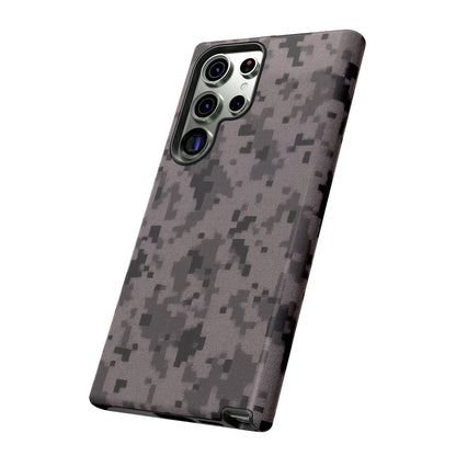 Gray digital camouflage phone case by Printify, tough protective cover designed for smartphones with a rugged camo pattern.