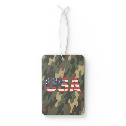 USA camo car air freshener by Printify featuring patriotic design, ideal as a gift for veterans.