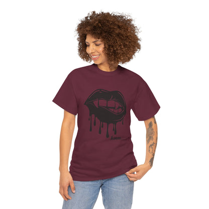 Black graphic T-shirt by Printify featuring a dripping lips 'hmm...' bite design on the front.
