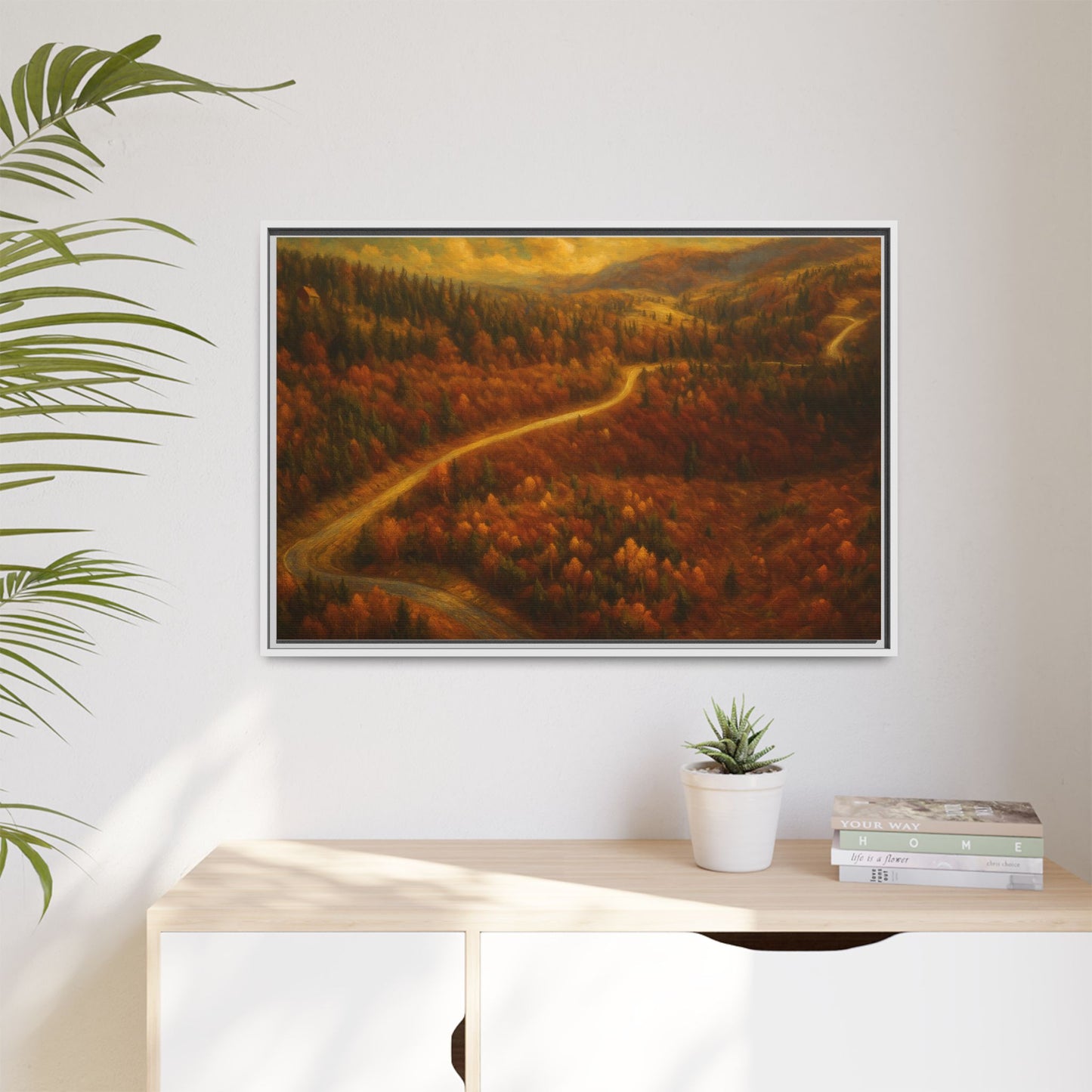 Framed matte canvas print of autumn forest road landscape wall art by Printify, showcasing vibrant fall trees and nature scene.