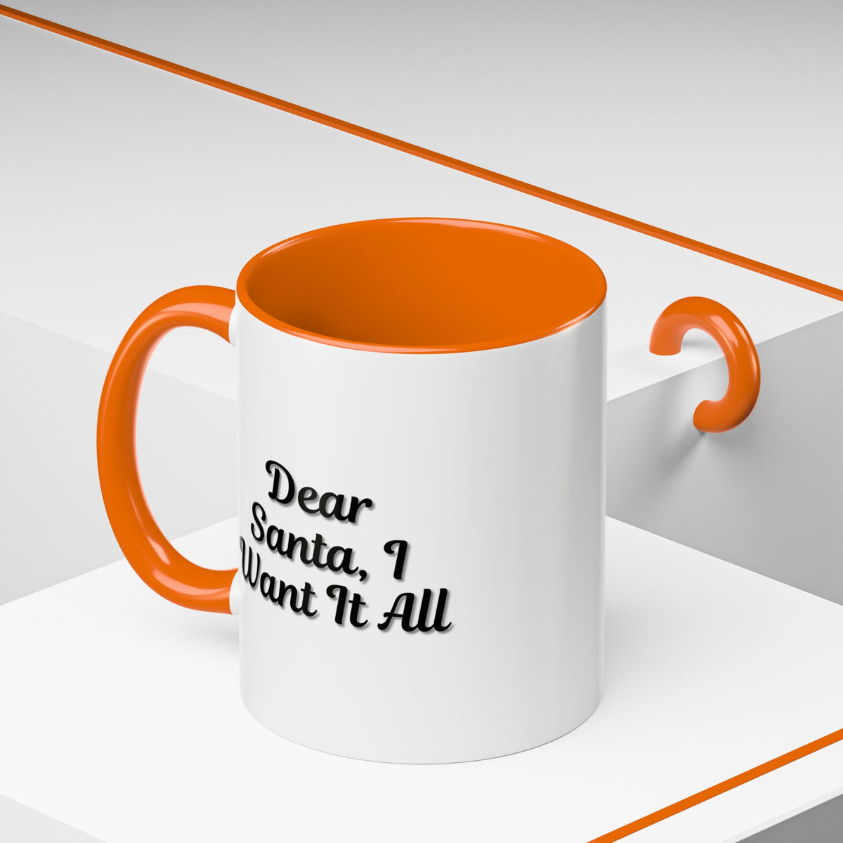 Printify holiday Christmas mug featuring "Dear Santa I Want It All" design, festive ceramic coffee mug for holiday gifting.