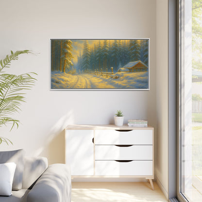 Framed winter cabin canvas print featuring a snowy forest sunset, wall art by Printify showcasing a cozy winter scene.