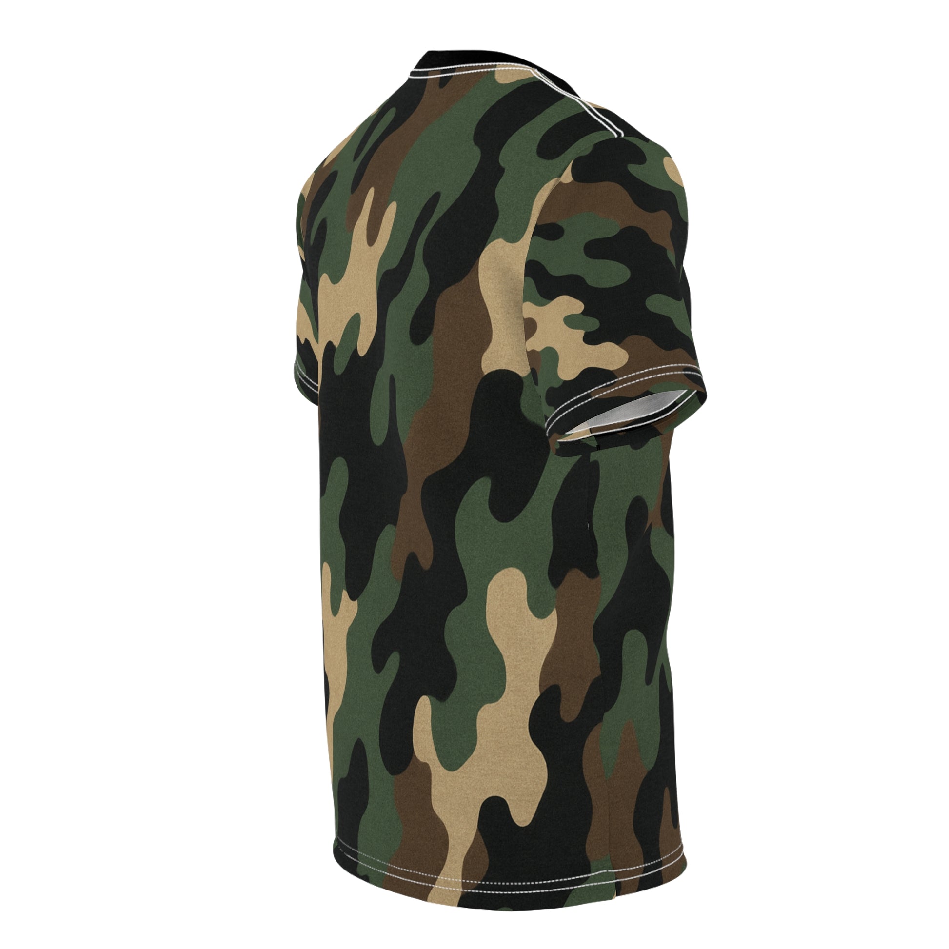 Printify woodland camouflage all-over print tee featuring classic camouflage pattern on a comfortable casual shirt.
